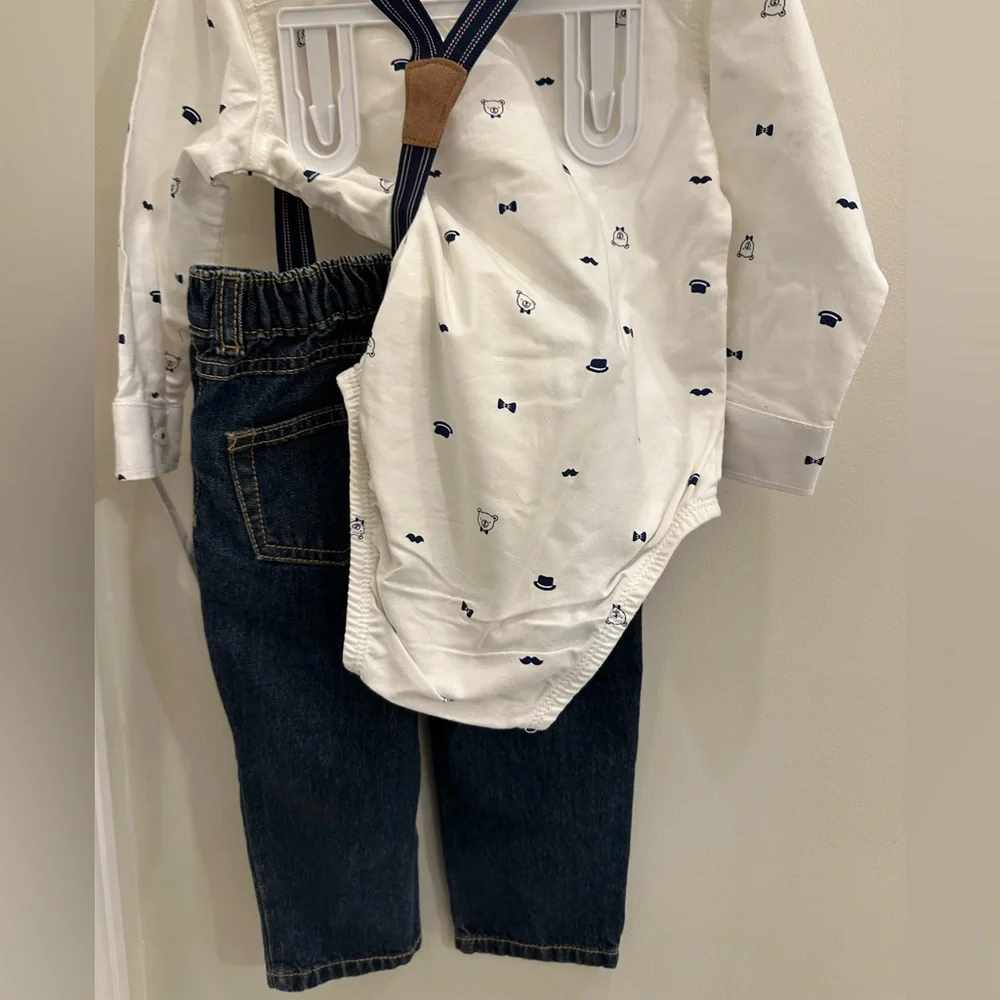 Carter’s 3 Piece Set Collared Button Up Onesie, Jeans and Suspenders - 18m